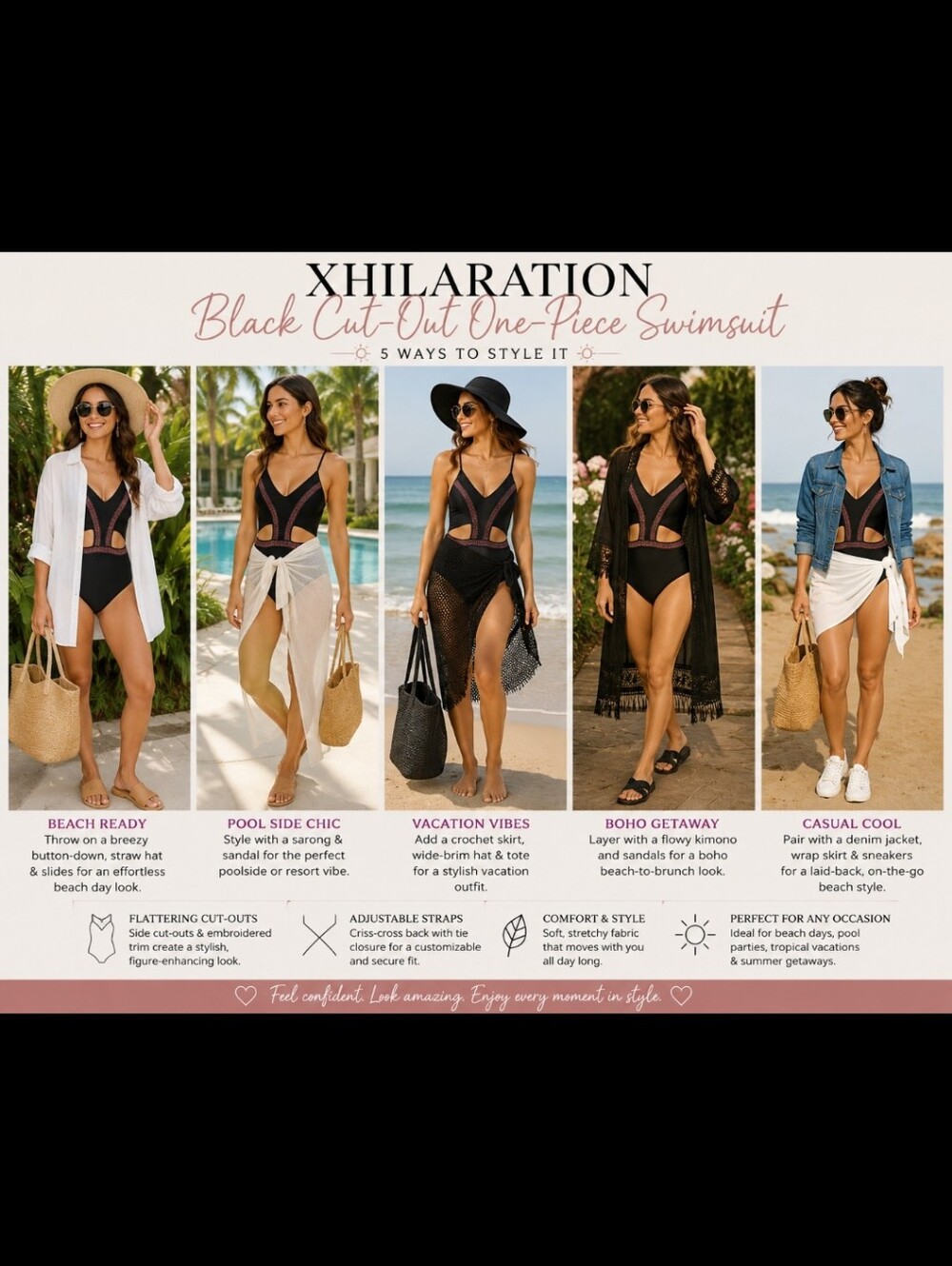 Xhilaration~ Black Cut-Out One-Piece Swimsuit Red Embroidered Trim S